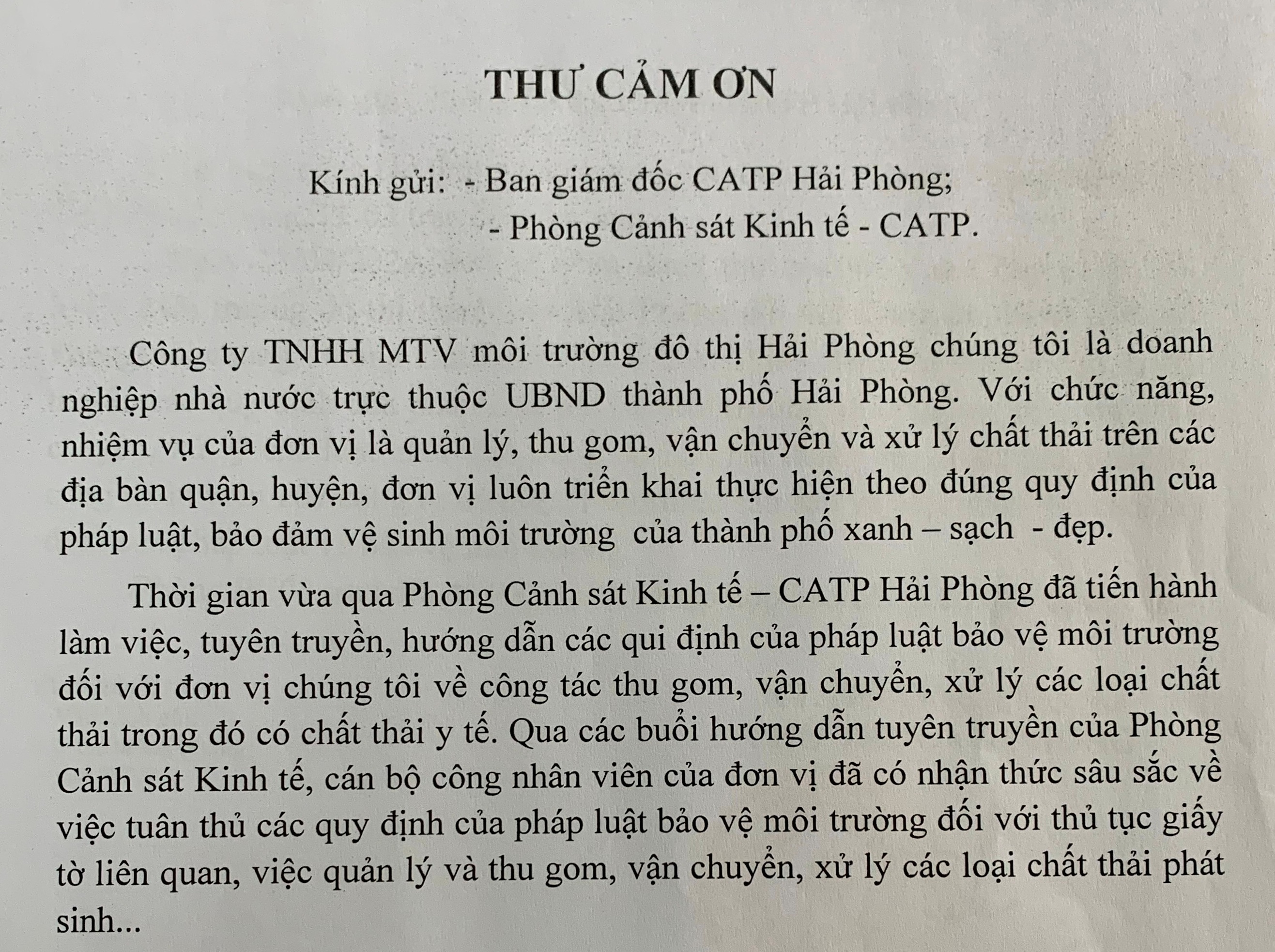 Công ty TNHH MTV Môi trường đô thị Hải Phòng gửi thư cảm ơn Phòng Cảnh sát Kinh tế